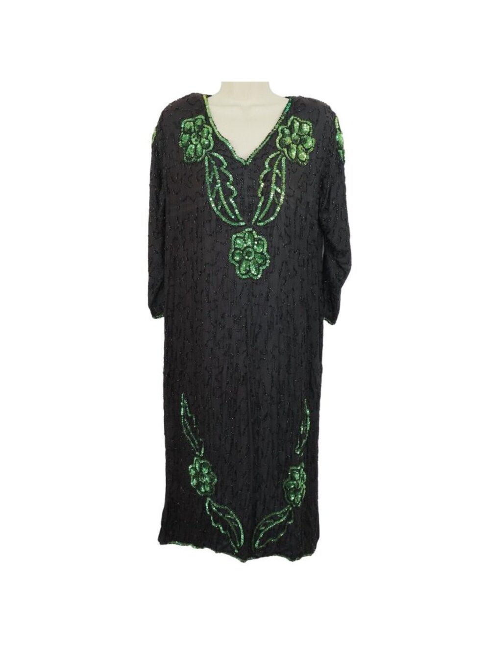 VTG Women Medium Black Green Silk Beaded Sequin V Neck Caftan Kaftan Gown Dress